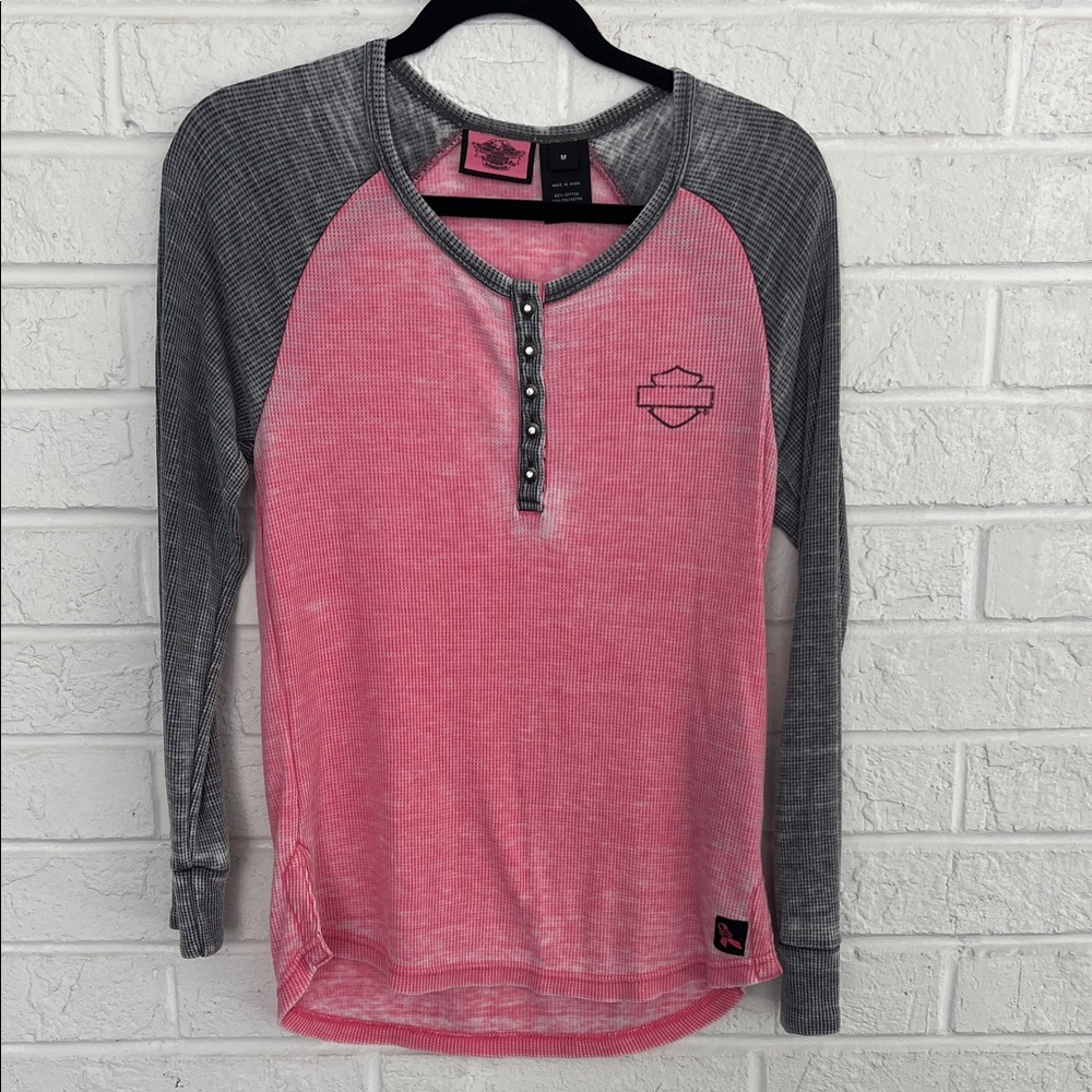 Harley Davidson Pink and Gray Long Sleeve Henley